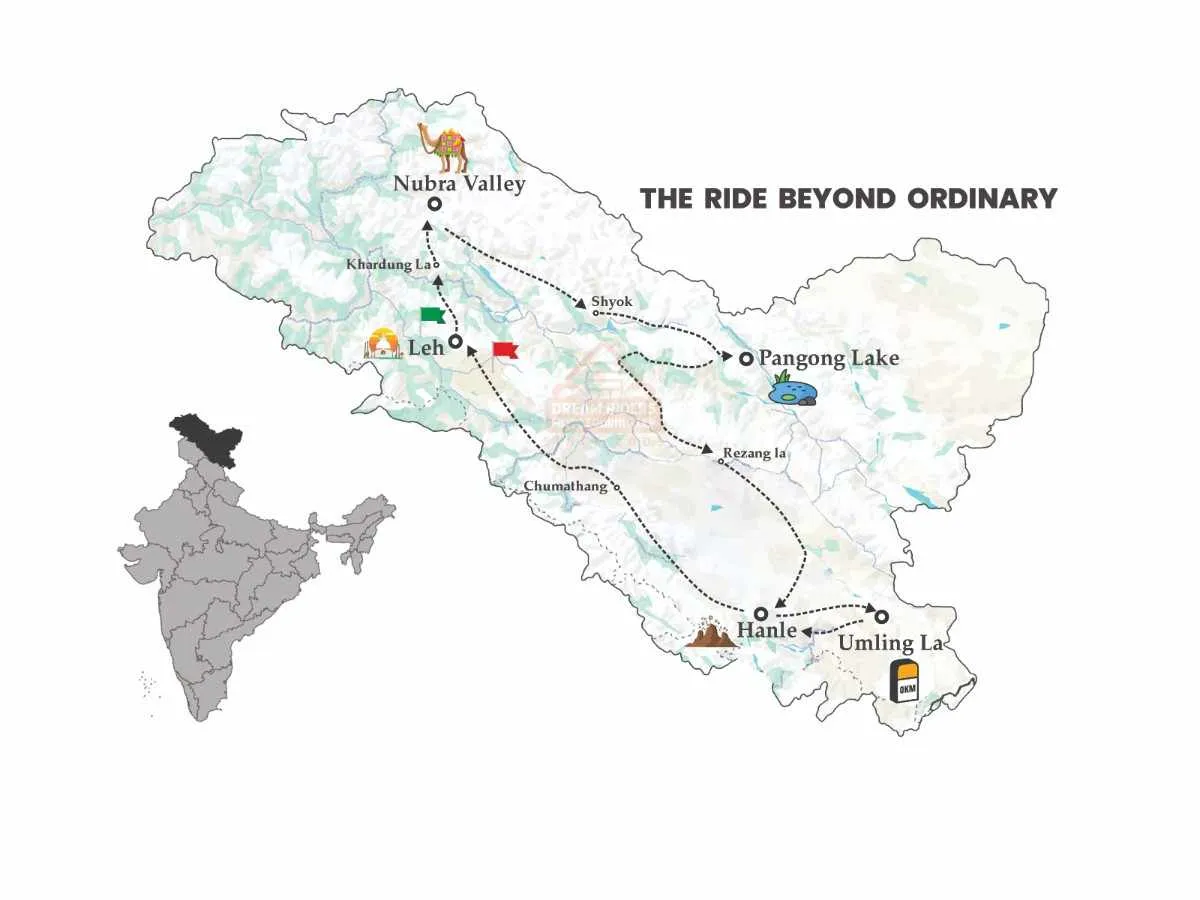 Ladakh leh to leh 8 days including Umling La Route map